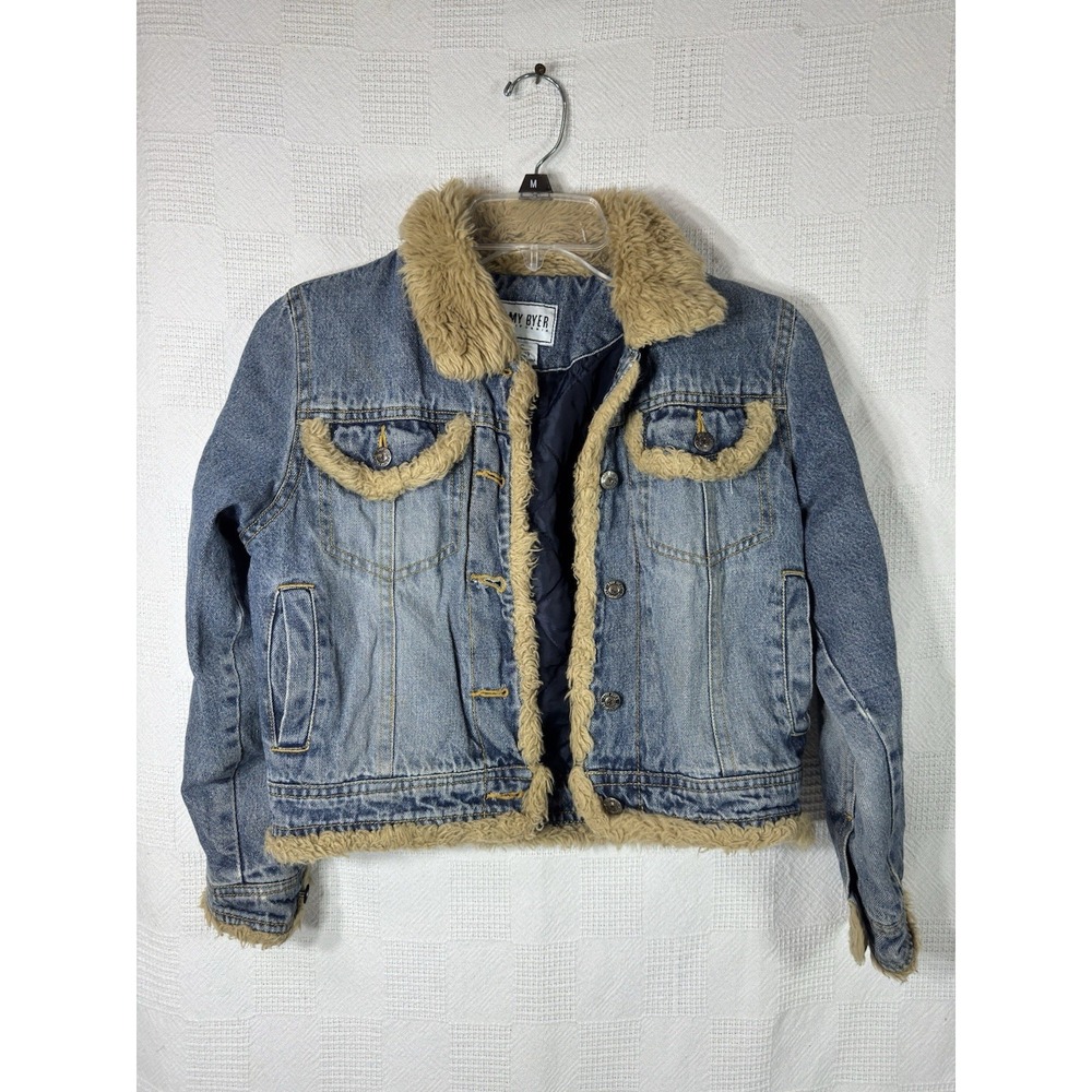 Amy Byer Y2K Blue Denim Jean Jacket Faux Fur Button Up Jrs Size Small 7/8